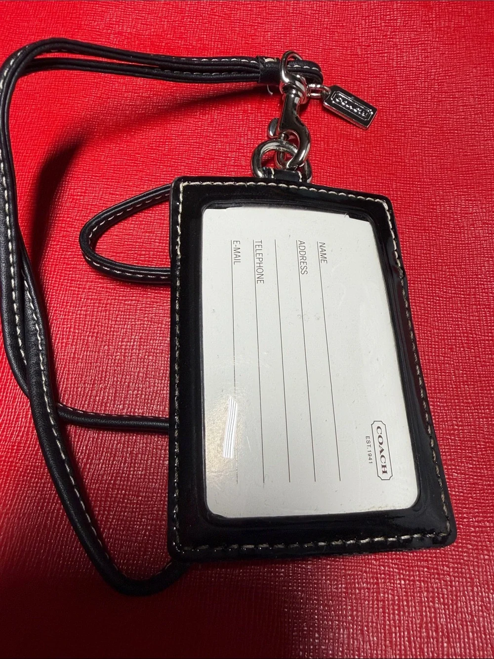 Coach Black Gray Signature Lanyard Card Case with Patent Trim